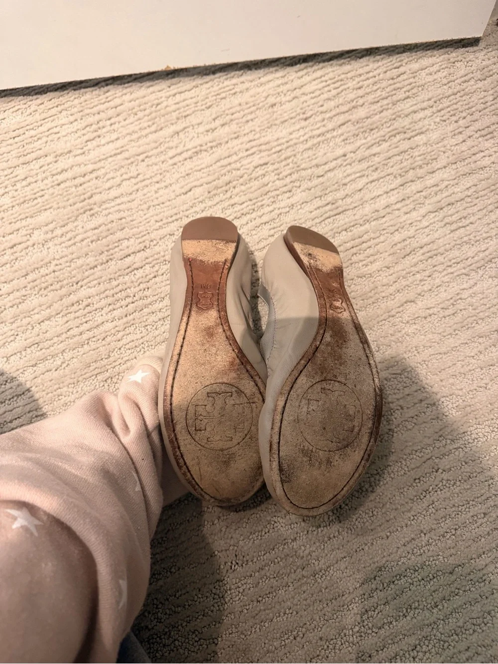 Tory Burch Taupe Leather Logo Ballet Flats